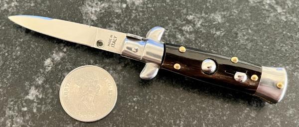 Miniature Switchblade Knife, Nice Dark Horn, Flat Ground Blade, Italy, Unused Miniature Switchblade Knife, Nice Dark Horn, Flat Ground Blade, Italy, Unused