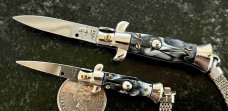 2 Miniature Keychain Switchblade Knives, Italy, Imitation Horn Handles, Unused