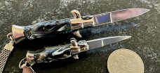 2 Miniature Keychain Switchblade Knives, Italy, Imitation Horn Handles, Unused