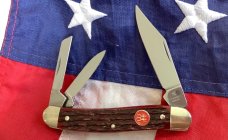 J A Henckels 3 Blade Whittler Knife w/ Great Dark Red Bone Handles! Orig Box - NOS