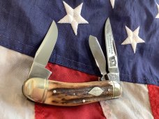 Vintage 1984 Bulldog Brand Stockman “Virginia Tobacco King” Blade Etch w/ Great Deer Stag Handles