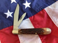 Vintage Ka-Bar Dog Head Large Trapper w/ Chestnut Bone Handles +Dog Head Shield -NOS & M/NM