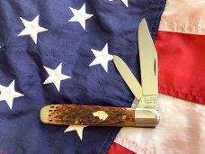 Vintage Ka-Bar Dog Head Large Trapper w/ Chestnut Bone Handles +Dog Head Shield -NOS & M/NM