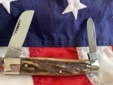 Vintage Bulldog Brand Stockman w/ Quarter Horseman Blade Etch w/ Sweet Stag Handles