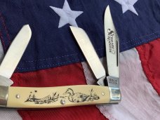 Schrade Scrimshaw Stockman (SC505) w/ Duck Decoy & Hunting Boat Scene +artist signature -NOS & M/NM