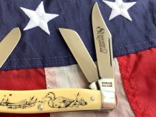 Schrade Scrimshaw Stockman (SC505) w/ Duck Decoy & Hunting Boat Scene +artist signature -NOS & M/NM