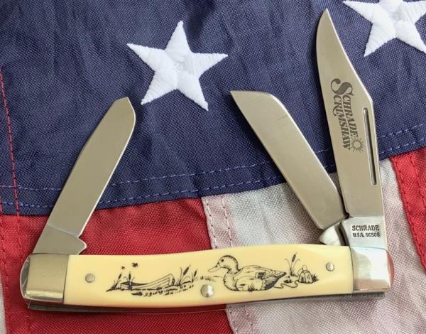 Schrade Scrimshaw Stockman (SC505) w/ Duck Decoy & Hunting Boat Scene +artist signature -NOS & M/NM Schrade Scrimshaw Stockman (SC505) w/ Duck Decoy & Hunting Boat Scene +artist signature -NOS & M/NM