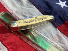 Schrade Scrimshaw Stockman (SC505) w/ Duck Decoy & Hunting Boat Scene +artist signature -NOS & M/NM