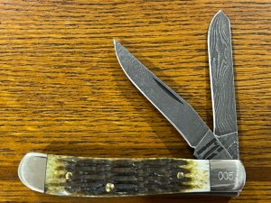 Parker-Edwards 95145D Ltd Ed Mini-Trapper w/Two Damascus Blades & Jigged Green Bone Scales SN#005 US