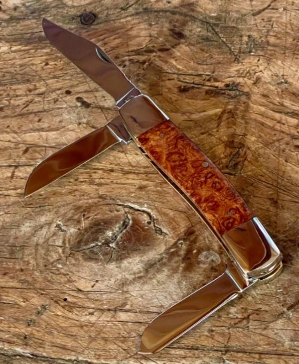 Taylor's Eye Witness New Custom 3-Blade Stockman in Amboyna Burl and Back spring Filing