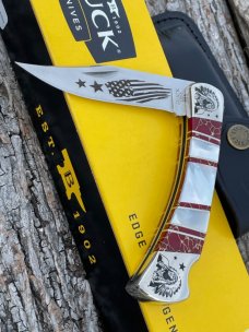 BUCK 110 ** BRIAN YELLOWHORSE CUSTOM PEARL AND RED GOLD QUARTZ INDIAN CHIEF FOLDING HUNTER