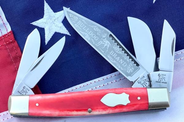 1998 Large nearly 4 & 1/2" Bulldog Brand 5 Blade Knife w/ Great Red Bone Handles -NOS & NM