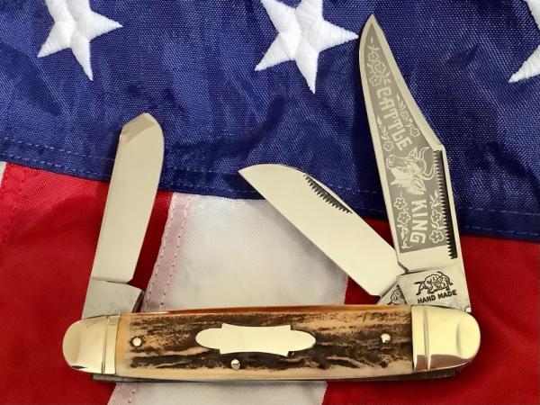1st Gen 1985 Eng Steel Bulldog Brand "Cattle King" Large Stockman Knife w/ Super Stag Handles -NOS 1st Gen 1985 Eng Steel Bulldog Brand "Cattle King" Large Stockman Knife w/ Super Stag Handles -NOS