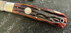 Queen Cutlery 3L Mountain Man Lockback Knife, (ACSB) Amber Carved Stag Bone scales, Unused 