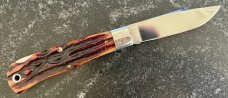 Queen Cutlery 3L Mountain Man Lockback Knife, (ACSB) Amber Carved Stag Bone scales, Unused 