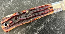 Queen Cutlery 3L Mountain Man Lockback Knife, (ACSB) Amber Carved Stag Bone scales, Unused 