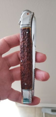 5 1/2 " Custom Handmade Bird's Head Bolster Knife, Premium Stag, Lots of Filework! 