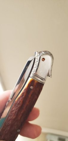 5 1/2 " Custom Handmade Bird's Head Bolster Knife, Premium Stag, Lots of Filework! 