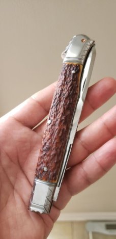 5 1/2 " Custom Handmade Bird's Head Bolster Knife, Premium Stag, Lots of Filework! 