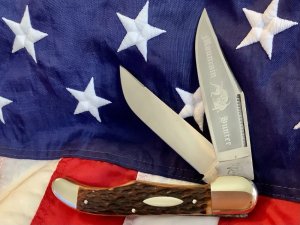Bulldog Brand 2nd Generation 2 Blade Hunter w/ Mountain Hunter Blade Etch w/ Brown Bone Handles -NOS