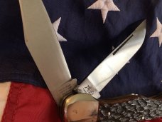 Bulldog Brand 2nd Generation 2 Blade Hunter w/ Mountain Hunter Blade Etch w/ Brown Bone Handles -NOS