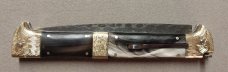 13" Double Eagle Picklock Switchblade. Damascus Blade and Buffalo horn handles.