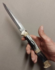 13" Double Eagle Picklock Switchblade. Damascus Blade and Buffalo horn handles.