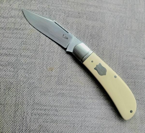 K'roo Vintage Ivory Paper Micarta Lanny..fluted...black accents..4cl"..Rwl34..Filework..coa and slip