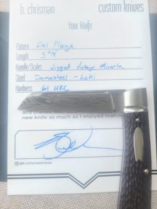 B.Chrisman Del Playa...Loki Damasteel..Hand jigged vintage micarta...3 5/8" cls.coa.bolsters & caps 