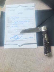 B.Chrisman Del Playa...Loki Damasteel..Hand jigged vintage micarta...3 5/8" cls.coa.bolsters & caps 