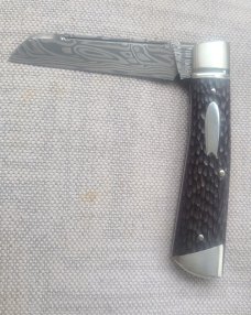 B.Chrisman Del Playa...Loki Damasteel..Hand jigged vintage micarta...3 5/8" cls.coa.bolsters & caps 