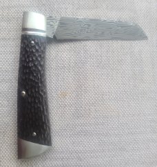 B.Chrisman Del Playa...Loki Damasteel..Hand jigged vintage micarta...3 5/8" cls.coa.bolsters & caps 