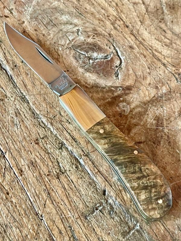 Michael May, Sheffield Clayton Barlow with Amboyna Burl Scales and Clip Point Blade