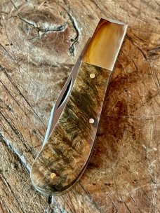 Michael May, Sheffield Clayton Barlow with Amboyna Burl Scales and Clip Point Blade