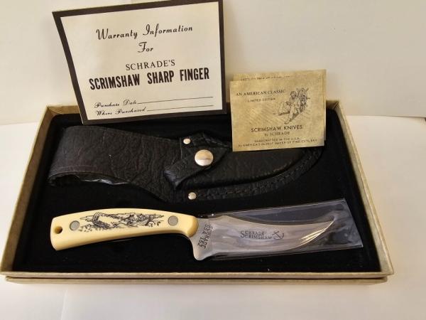 Vintage Schrade USA 1976 Scrimshaw Sharpfinger 152SC Knife w/ Original Box/Papers - MINT Untouched Vintage Schrade USA 1976 Scrimshaw Sharpfinger 152SC Knife w/ Original Box/Papers - MINT Untouched