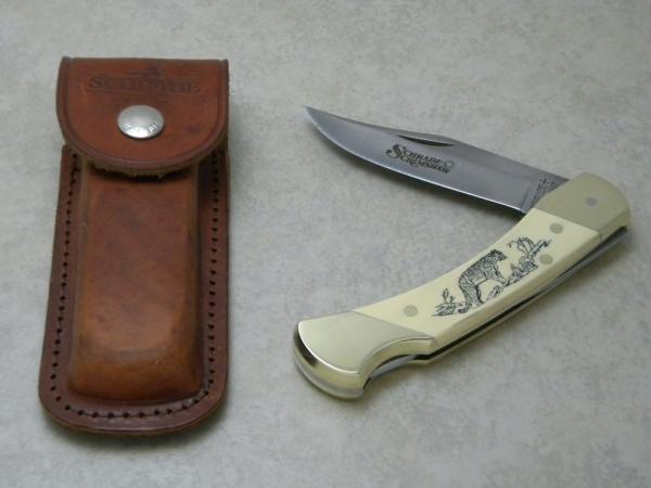Schrade + USA SC507 Cougar Scrimshaw Lockback Knife & Pouch c.1988 Schrade + USA SC507 Cougar Scrimshaw Lockback Knife & Pouch c.1988