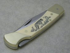 Schrade + USA SC507 Cougar Scrimshaw Lockback Knife & Pouch c.1988