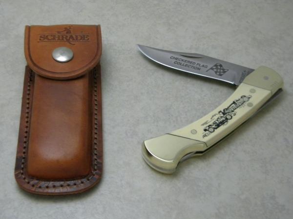 Schrade + USA SC507 Scrimshaw Checkered Flag Collection Lockback Knife & Pouch