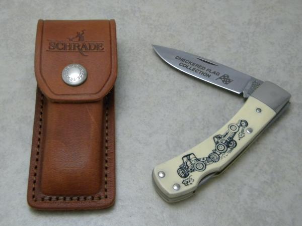 Schrade + USA SC515 Scrimshaw Checkered Flag Collection Lockback Knife & Pouch Schrade + USA SC515 Scrimshaw Checkered Flag Collection Lockback Knife & Pouch