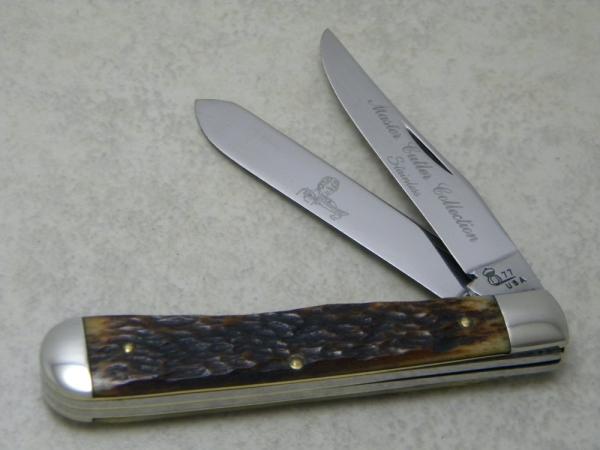 Queen #19 Rogers Bone Trapper Knife "Q77" USA Tang Stamp Etched - c.1977 Queen #19 Rogers Bone Trapper Knife "Q77" USA Tang Stamp Etched - c.1977