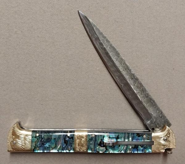 13" Double Eagle Picklock Switchblade with Abalone handles Damascus Blade.
