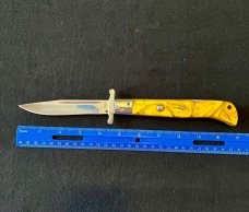 AKC Yellow Orange Gold Swirl Pearlite Lock-back 11 inch Swing Guard Automatic Knife