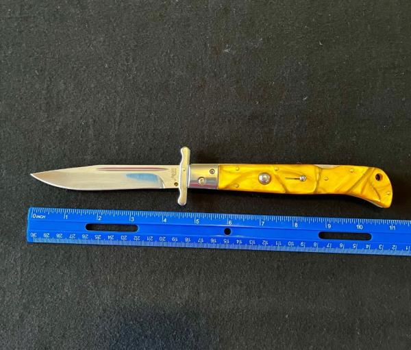AKC Yellow Orange Gold Swirl Pearlite Lock-back 11 inch Swing Guard Automatic Knife