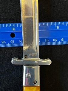 AKC Yellow Orange Gold Swirl Pearlite Lock-back 11 inch Swing Guard Automatic Knife
