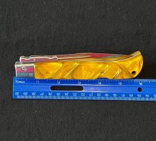 AKC Yellow Orange Gold Swirl Pearlite Lock-back 11 inch Swing Guard Automatic Knife