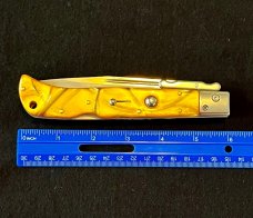 AKC Yellow Orange Gold Swirl Pearlite Lock-back 11 inch Swing Guard Automatic Knife