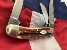 1st Generation 1984 Bulldog Brand Stockman “Ohio Tobacco King” Blade Etch w Rare Redish Stag Handles