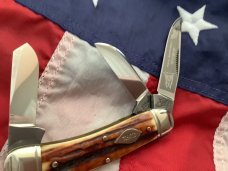 1st Generation 1984 Bulldog Brand Stockman “Ohio Tobacco King” Blade Etch w Rare Redish Stag Handles