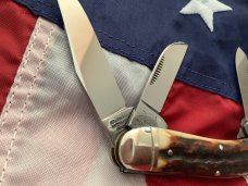 1st Generation 1984 Bulldog Brand Stockman “Ohio Tobacco King” Blade Etch w Rare Redish Stag Handles