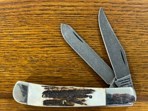 Parker-Edwards 1423D Ltd Ed Trapper w/Two Damascus Blades & Gnarly Stag Scales USA A-9200